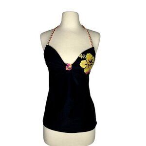 NEW Y2k hibiscus halter swim top Black M